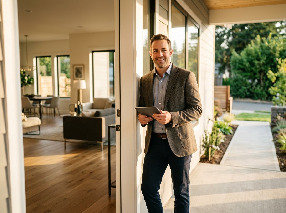 A realtor holding a tablet in the doorway of a bright modern home