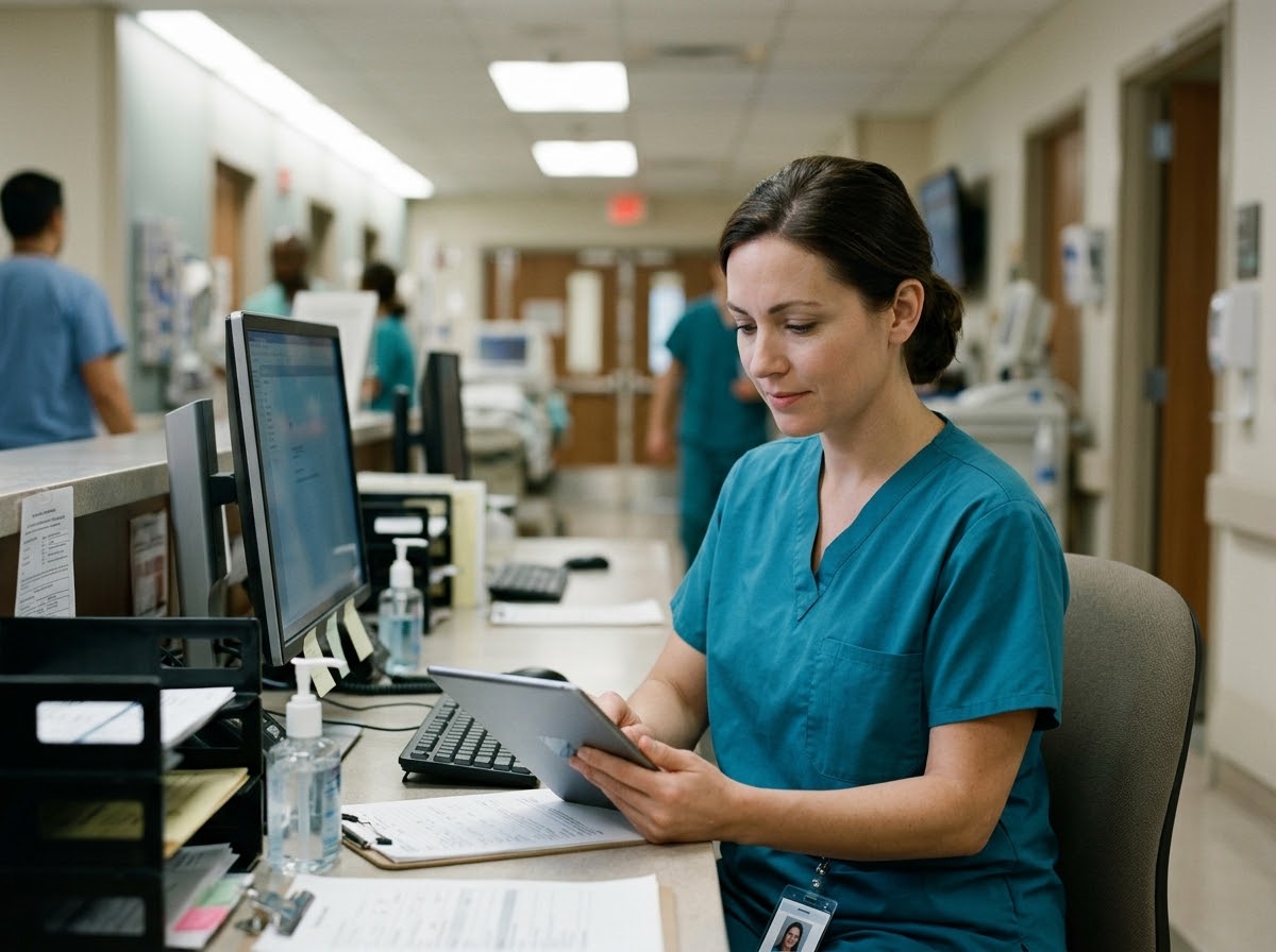 A nurse in teal scrubs reading a tablet at a hospital nurses' station