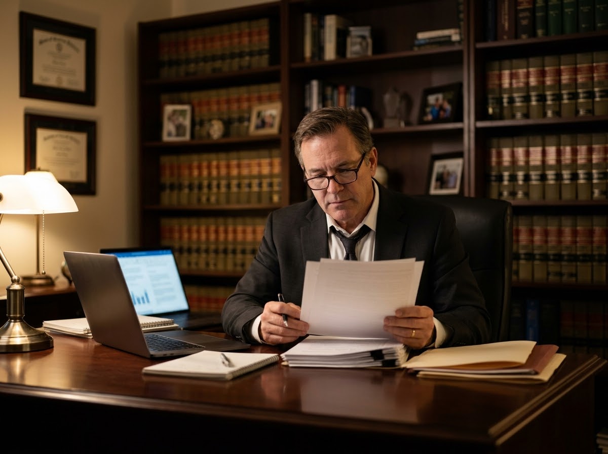 A lawyer reviewing documents at a wooden desk in front of law books
