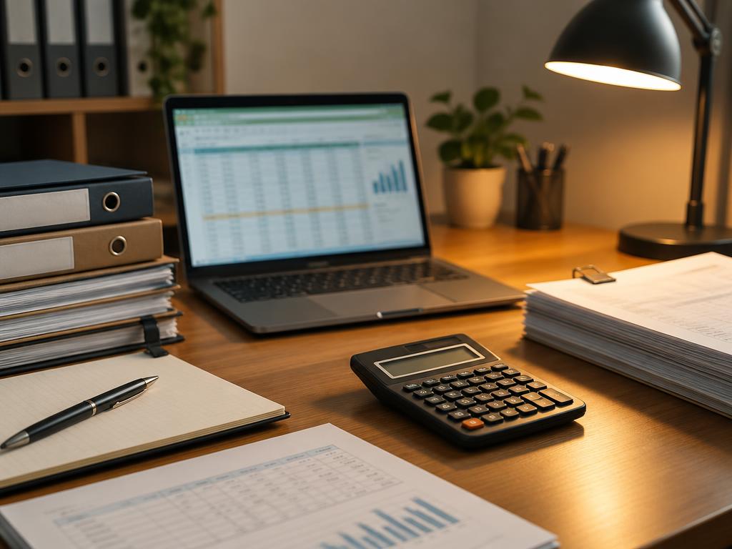 An accountant's desk with a laptop, calculator, folders, and a warm desk lamp