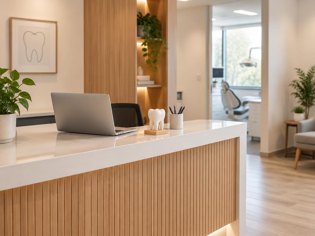 A modern dental office reception desk with a laptop and a small tooth model