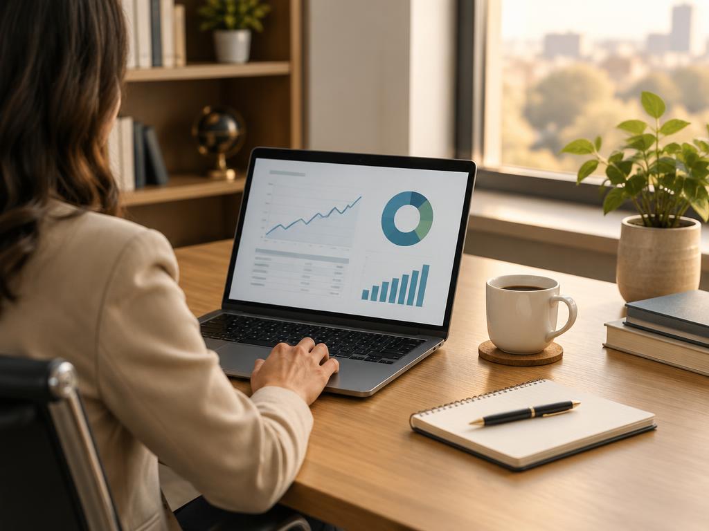 A financial advisor working at a desk with a laptop showing simple charts