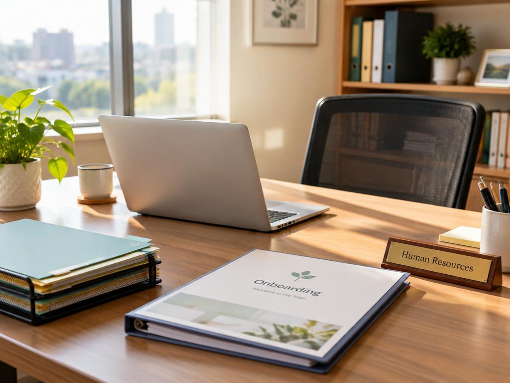A bright HR office desk with a laptop, folders, and an onboarding binder
