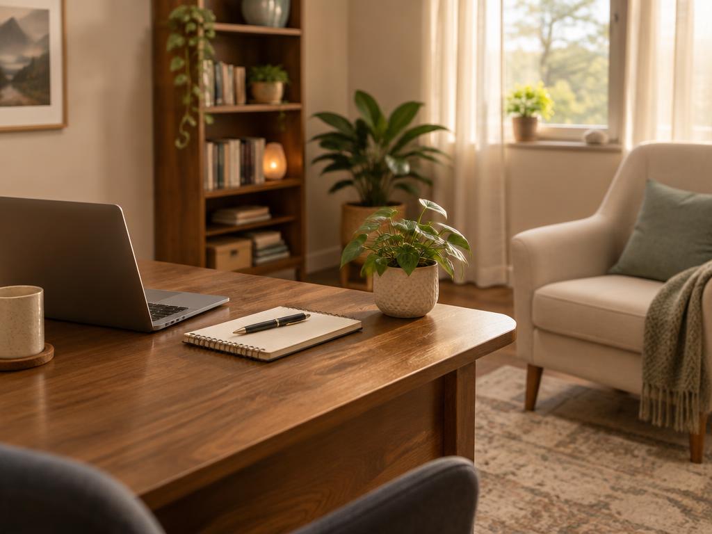 A calm therapy office with a wooden desk, notebook, laptop, and armchair
